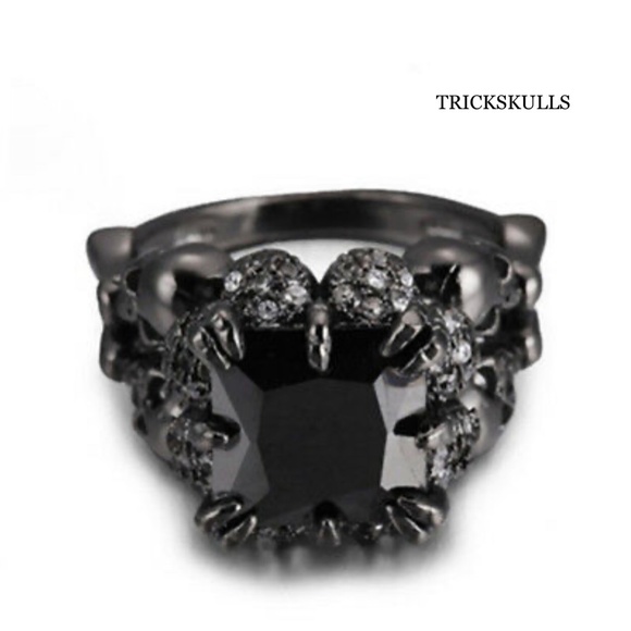 Four Skulls Black Anodized Sapphire Modern Gothic Punk Ring Size 7 8 9 10 New! - Picture 2 of 7